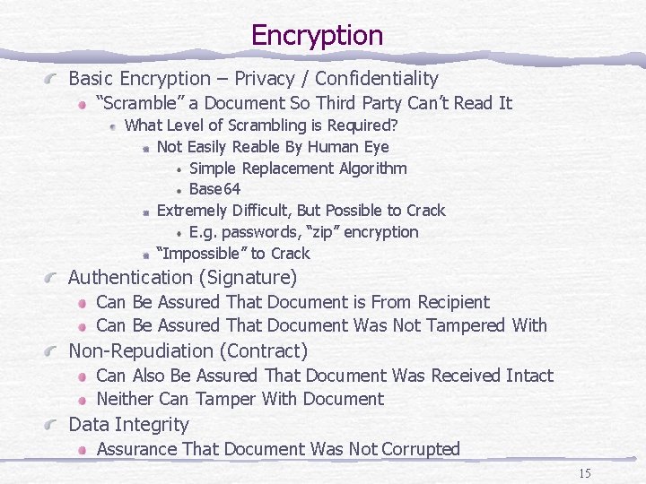 Encryption Basic Encryption – Privacy / Confidentiality “Scramble” a Document So Third Party Can’t