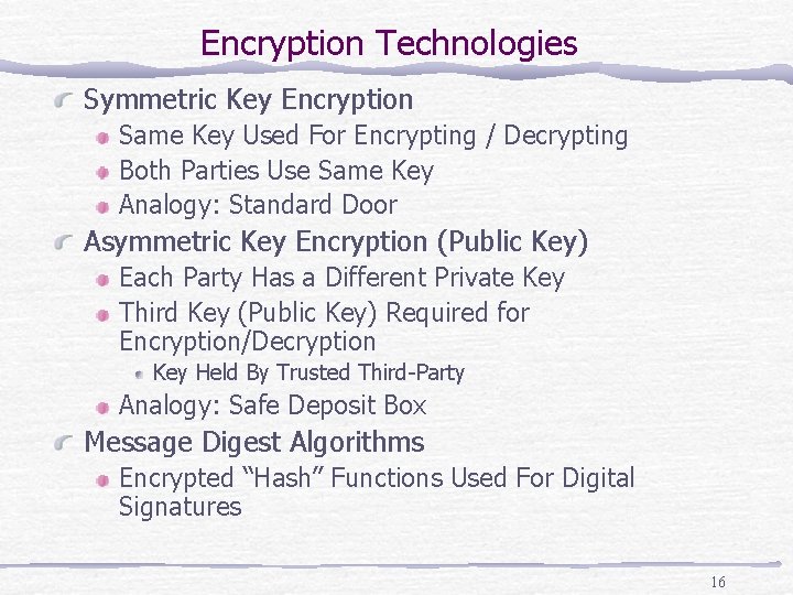 Encryption Technologies Symmetric Key Encryption Same Key Used For Encrypting / Decrypting Both Parties