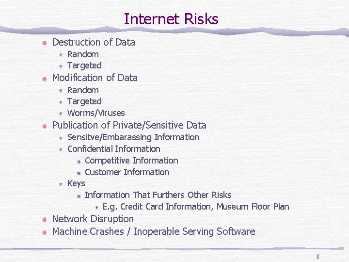 Internet Risks Destruction of Data Random Targeted Modification of Data Random Targeted Worms/Viruses Publication