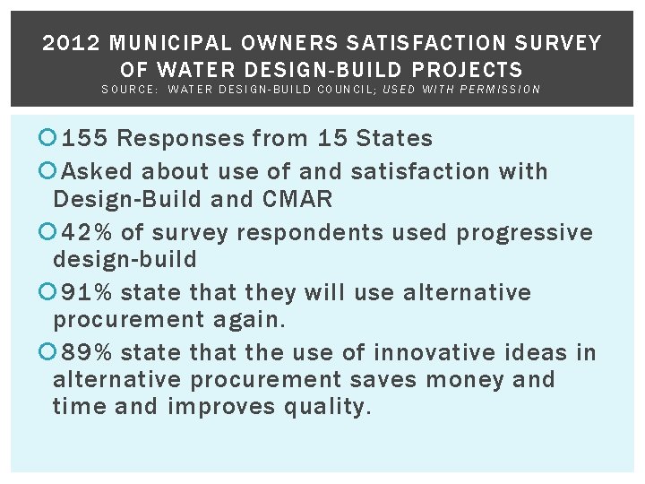 2012 MUNICIPAL OWNERS SATISFACTION SURVEY OF WATER DESIGN-BUILD PROJECTS SOURCE: WATER DESIGN-BUILD COUNCIL; USED