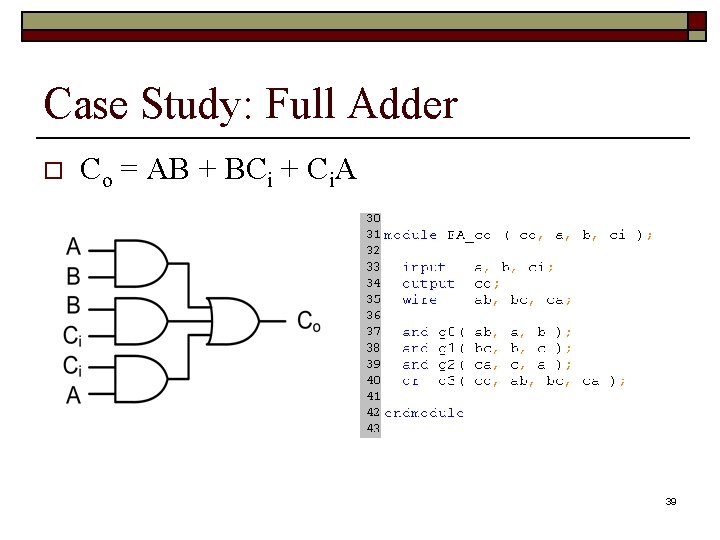 Case Study: Full Adder o Co = AB + BCi + Ci. A 39 Case Study: Full Adder o Co = AB + BCi + Ci. A 39
