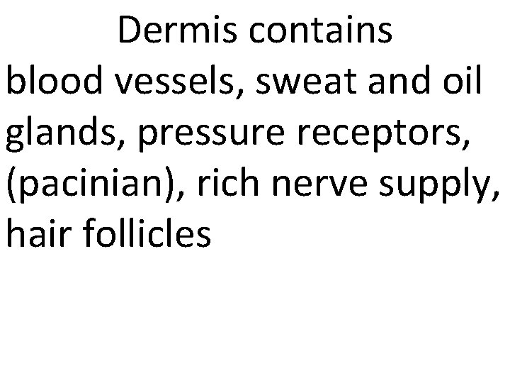 Dermis contains blood vessels, sweat and oil glands, pressure receptors, (pacinian), rich nerve supply,