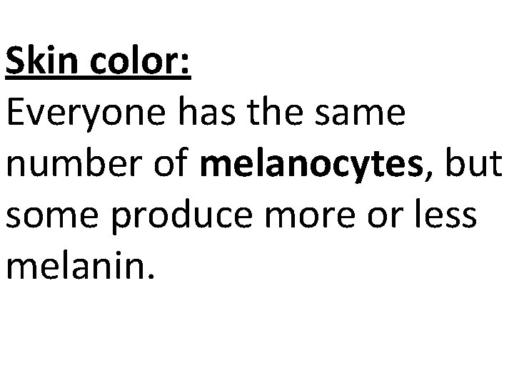 Skin color: Everyone has the same number of melanocytes, but some produce more or