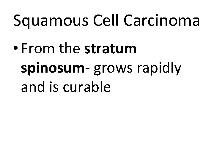Squamous Cell Carcinoma • From the stratum spinosum- grows rapidly and is curable 