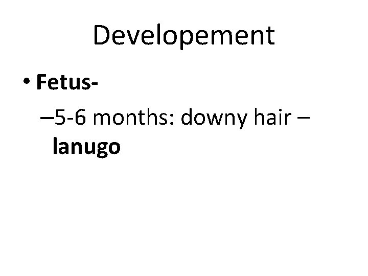 Developement • Fetus– 5 -6 months: downy hair – lanugo 