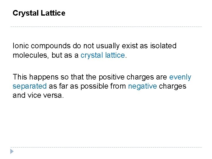 Crystal Lattice Ionic compounds do not usually exist as isolated molecules, but as a