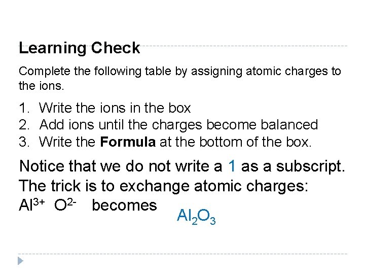 Learning Check Complete the following table by assigning atomic charges to the ions. 1.