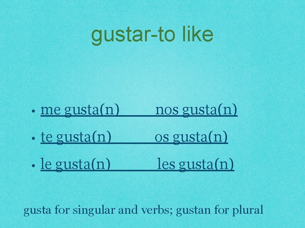 gustar-to like • me gusta(n) nos gusta(n) • te gusta(n) os gusta(n) • le