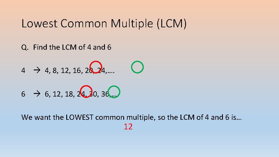 Lowest Common Multiple (LCM) Q. Find the LCM of 4 and 6 4 4,
