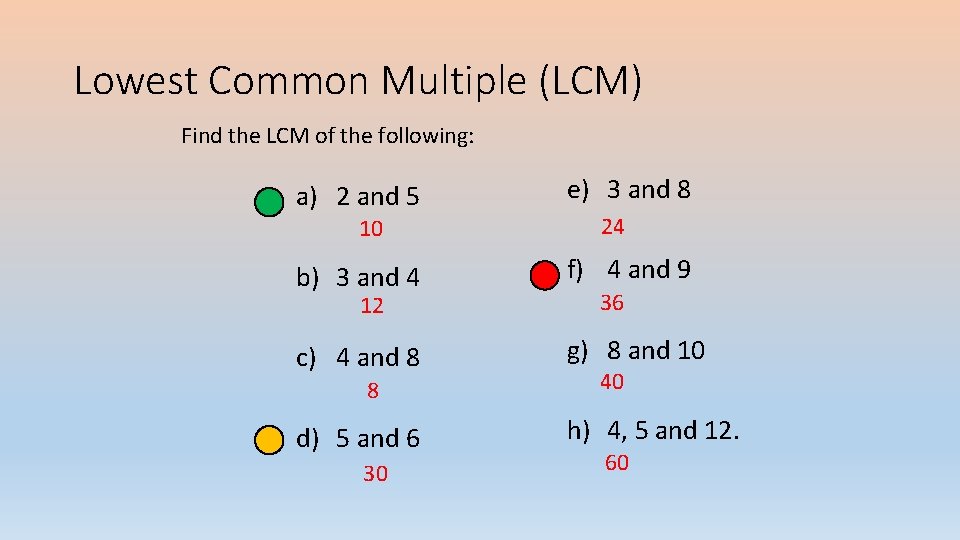 Lowest Common Multiple (LCM) Find the LCM of the following: a) 2 and 5