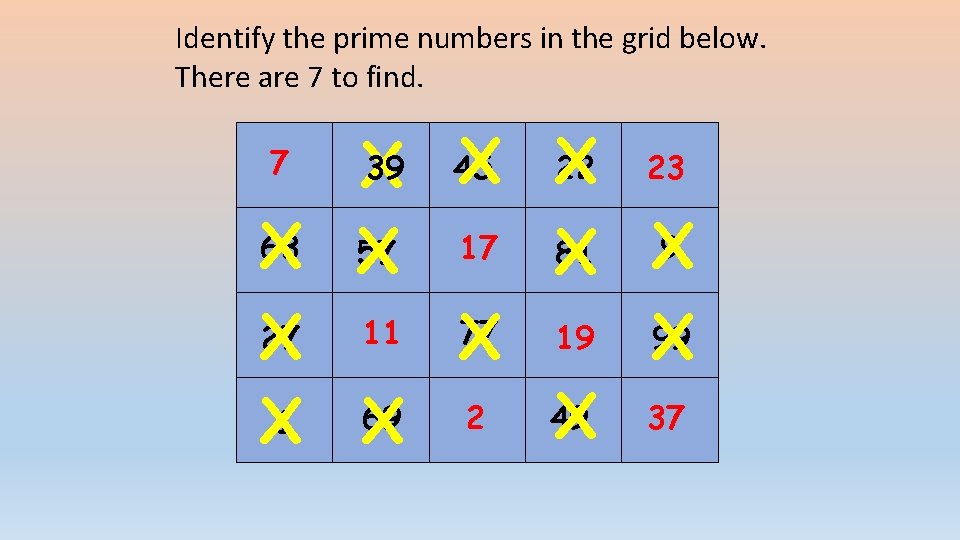 Identify the prime numbers in the grid below. There are 7 to find. 39