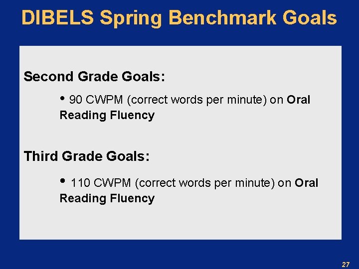DIBELS Spring Benchmark Goals Second Grade Goals: • 90 CWPM (correct words per minute)