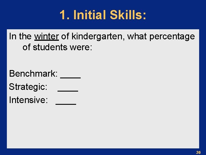 1. Initial Skills: In the winter of kindergarten, what percentage of students were: Benchmark: