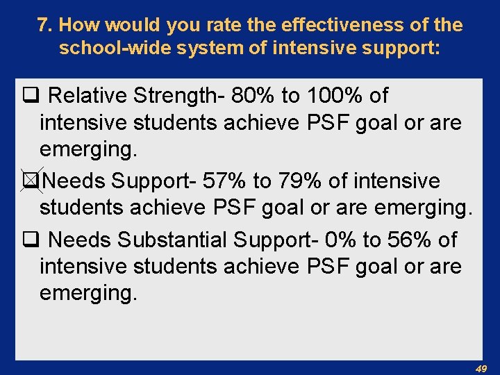 7. How would you rate the effectiveness of the school-wide system of intensive support: