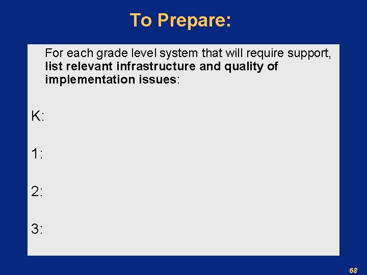 To Prepare: For each grade level system that will require support, list relevant infrastructure