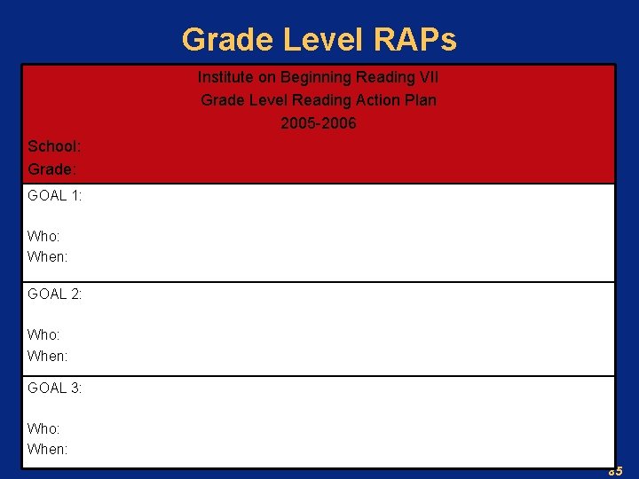 Grade Level RAPs Institute on Beginning Reading VII Grade Level Reading Action Plan 2005