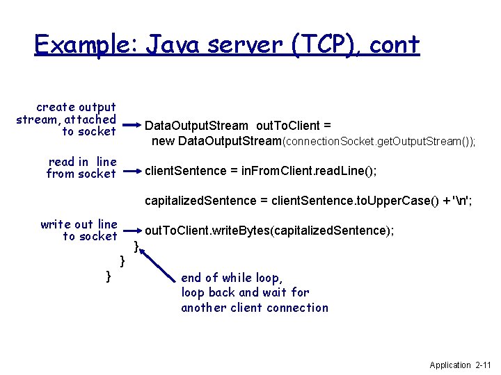 Example: Java server (TCP), cont create output stream, attached to socket Data. Output. Stream Example: Java server (TCP), cont create output stream, attached to socket Data. Output. Stream