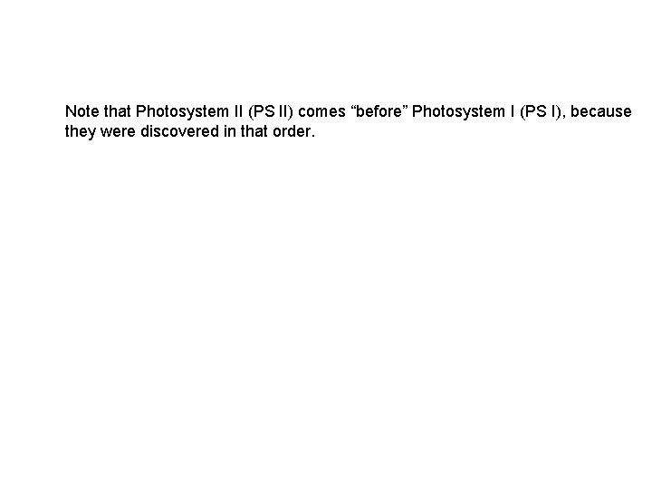 Note that Photosystem II (PS II) comes “before” Photosystem I (PS I), because they