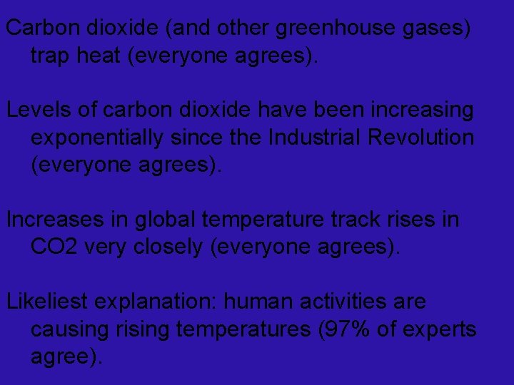 Carbon dioxide (and other greenhouse gases) trap heat (everyone agrees). Levels of carbon dioxide