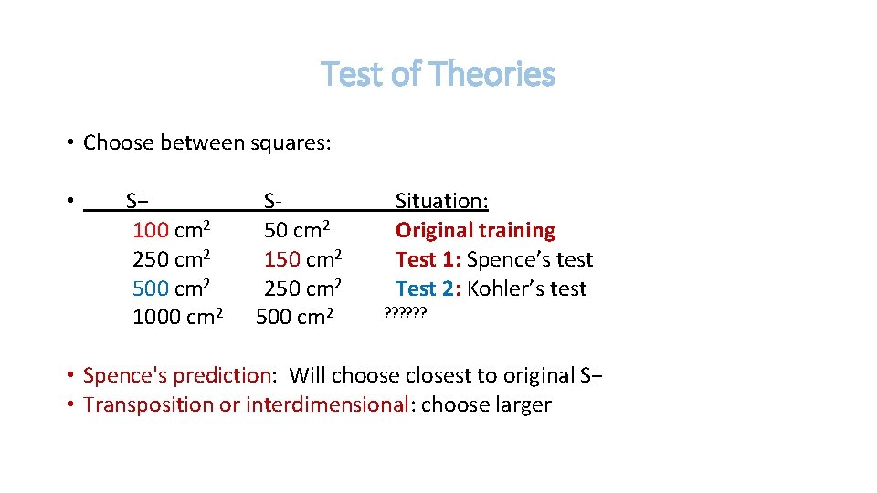 Test of Theories • Choose between squares: • S+ 100 cm 2 250 cm