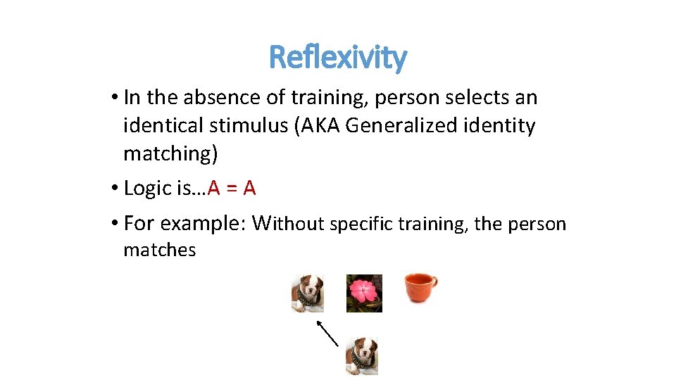 Reflexivity • In the absence of training, person selects an identical stimulus (AKA Generalized