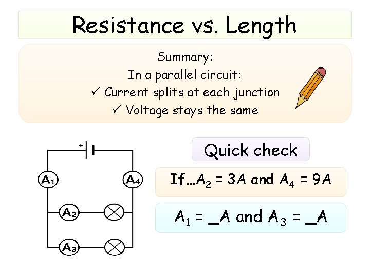 Resistance vs. Length Summary: In a parallel circuit: ü Current splits at each junction Resistance vs. Length Summary: In a parallel circuit: ü Current splits at each junction