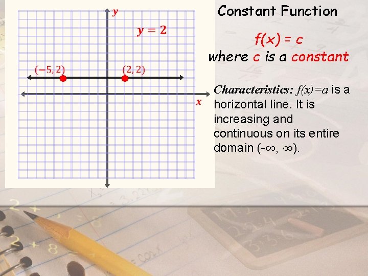 Constant Function f(x) = c where c is a constant Characteristics: f(x)=a is a