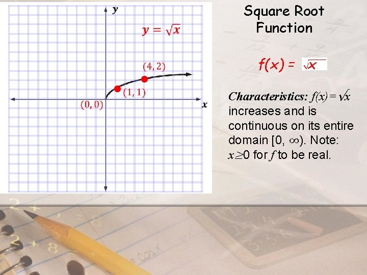 Square Root Function f(x) = x Characteristics: f(x)=√x increases and is continuous on its
