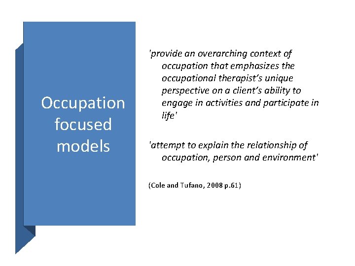 Occupation focused models 'provide an overarching context of occupation that emphasizes the occupational therapist’s