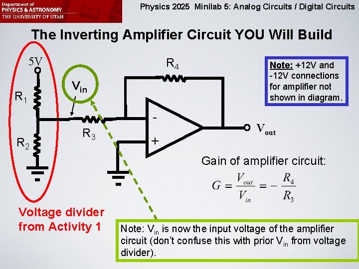 Physics 2025 Minilab 5: Analog Circuits / Digital Circuits The Inverting Amplifier Circuit YOU