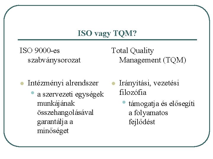 ISO vagy TQM? ISO 9000 -es szabványsorozat l Intézményi alrendszer • a szervezeti egységek
