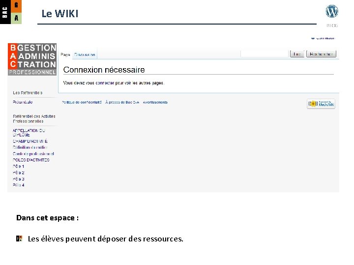 Le WIKI Dans cet espace : Les élèves peuvent déposer des ressources. 
