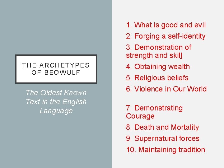 THE ARCHETYPES OF BEOWULF The Oldest Known Text in the English Language 1. What