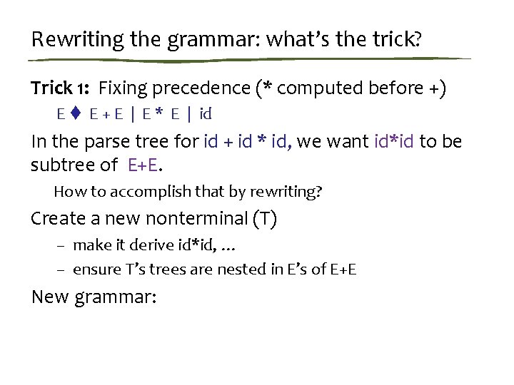 Rewriting the grammar: what’s the trick? Trick 1: Fixing precedence (* computed before +)