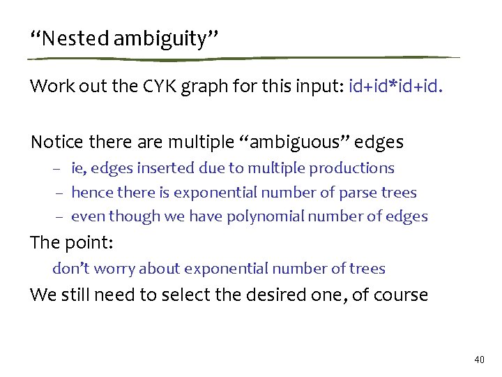 “Nested ambiguity” Work out the CYK graph for this input: id+id*id+id. Notice there are