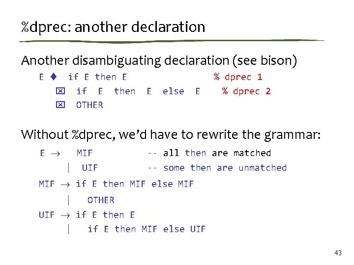 %dprec: another declaration Another disambiguating declaration (see bison) E if E then OTHER E