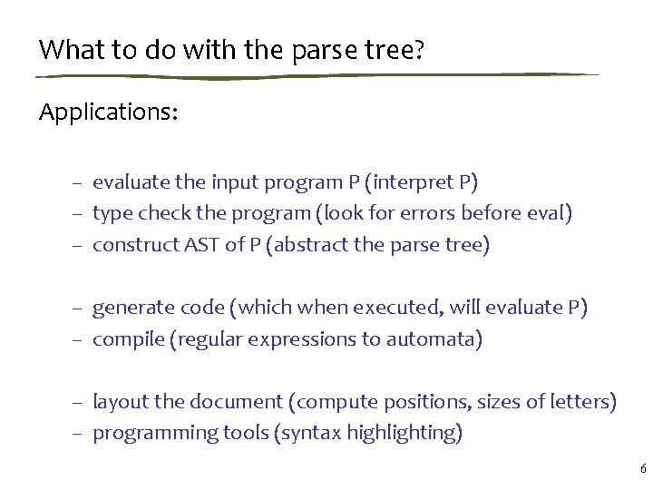 What to do with the parse tree? Applications: – evaluate the input program P