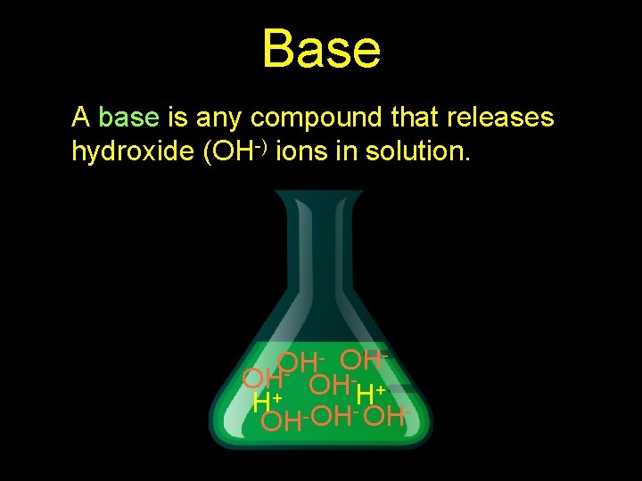 Base A base is any compound that releases hydroxide (OH-) ions in solution. -