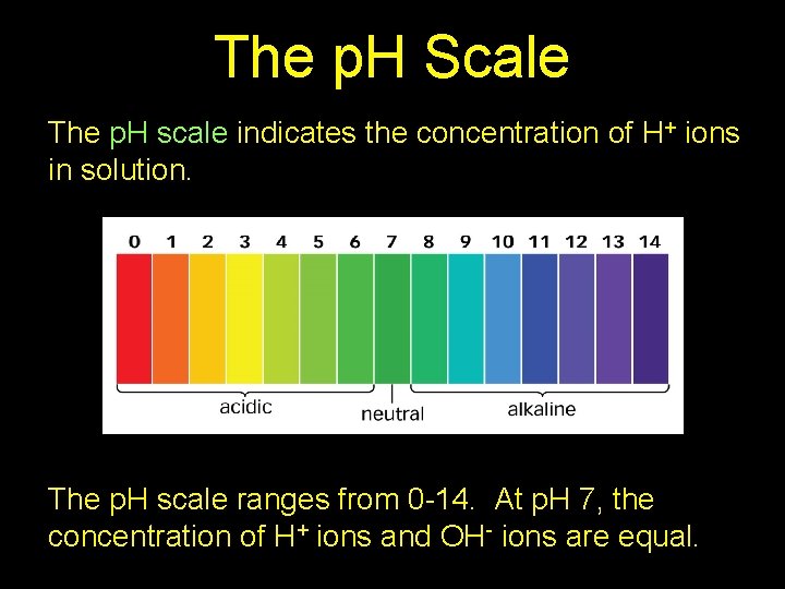 The p. H Scale The p. H scale indicates the concentration of H+ ions