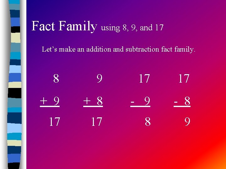 Fact Family using 8, 9, and 17 Let’s make an addition and subtraction fact