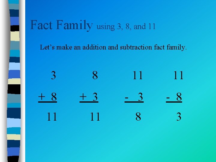 Fact Family using 3, 8, and 11 Let’s make an addition and subtraction fact