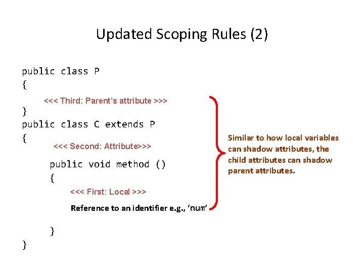 Updated Scoping Rules (2) public class P { <<< Third: Parent’s attribute >>> }