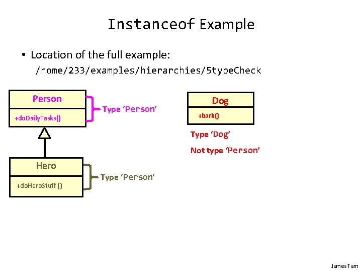 Instanceof Example • Location of the full example: /home/233/examples/hierarchies/5 type. Check Person +do. Daily.