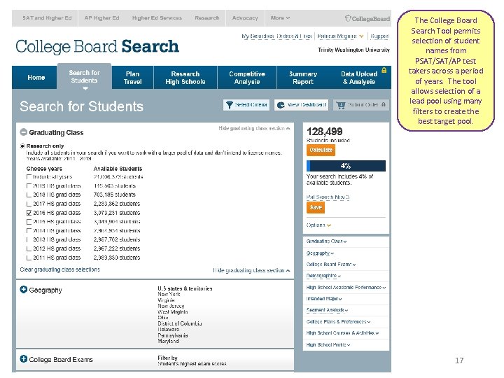 The College Board Search Tool permits selection of student names from PSAT/AP test takers