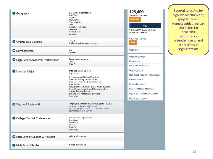 Beyond selecting for high school class year, geography and demographics, we can also select