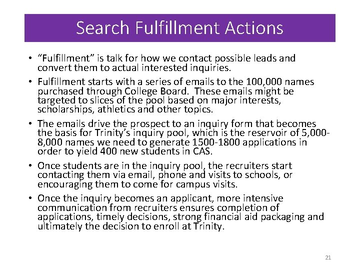 Search Fulfillment Actions • “Fulfillment” is talk for how we contact possible leads and