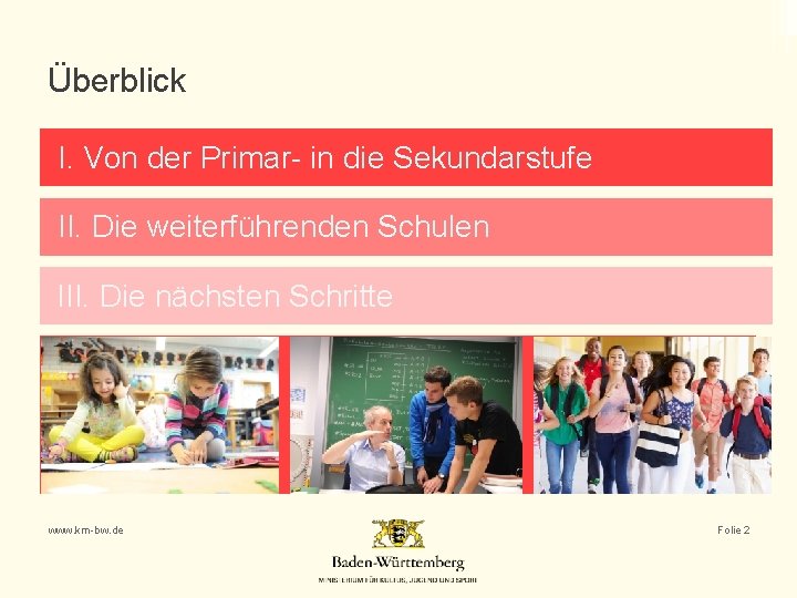 Überblick I. Von der Primar- in die Sekundarstufe II. Die weiterführenden Schulen III. Die