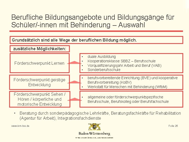 Berufliche Bildungsangebote und Bildungsgänge für Schüler/-innen mit Behinderung – Auswahl Grundsätzlich sind alle Wege