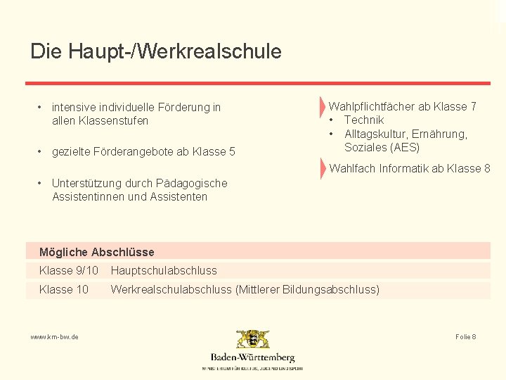 Die Haupt-/Werkrealschule • intensive individuelle Förderung in allen Klassenstufen • gezielte Förderangebote ab Klasse