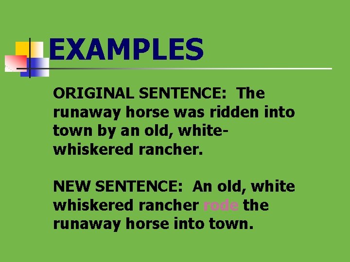 EXAMPLES ORIGINAL SENTENCE: The runaway horse was ridden into town by an old, whitewhiskered